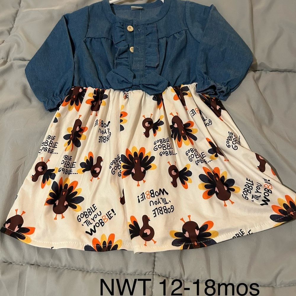 Blue and White Turkey Print Kids Dress